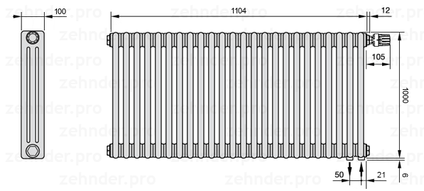 Схема (чертеж) Радиатор Zehnder Charleston 3100/24 №V002 Белый глянцевый RAL 9016